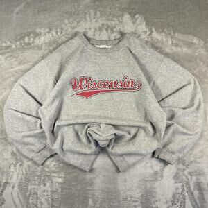 VTG 90’s Wisconsin Badgers Grey Logo Spellout Pullover Sweatshirt Size Large